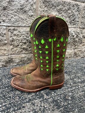 HP Anderson Bean Brown Leather Cowboy Boots with Neon Green Inlay. Men’s 9